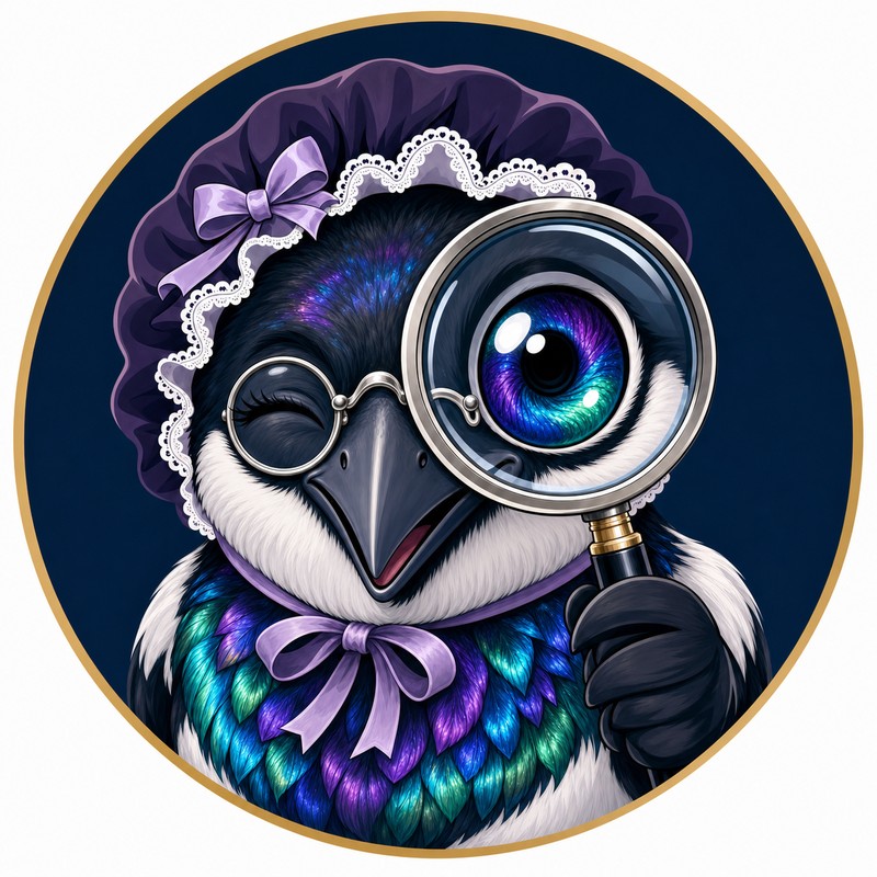 Maggy, the MaggyFinds mascot — a clever bird with a magnifying glass