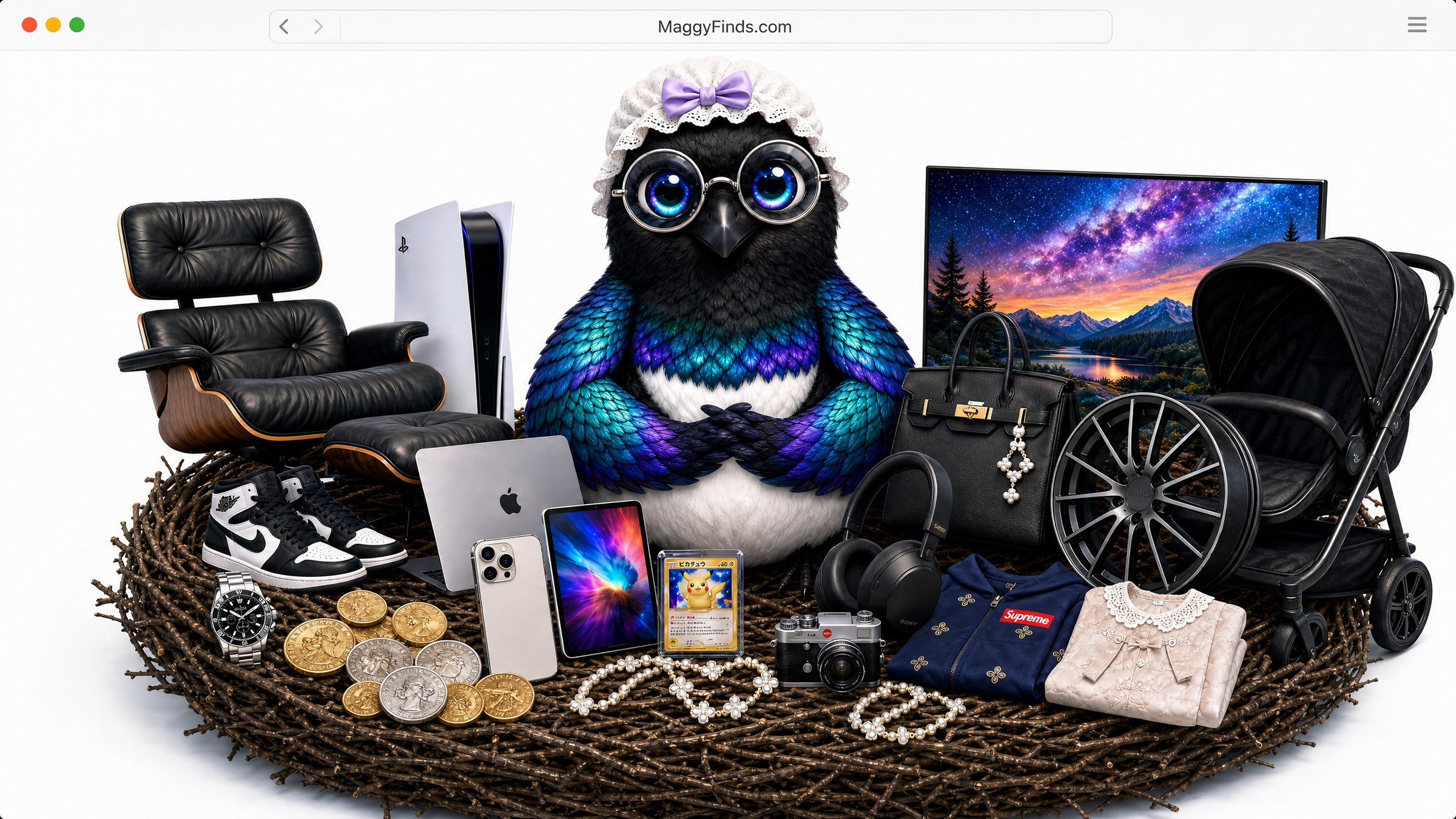 Maggy, the MaggyFinds AI search mascot, surrounded by pre-owned goods